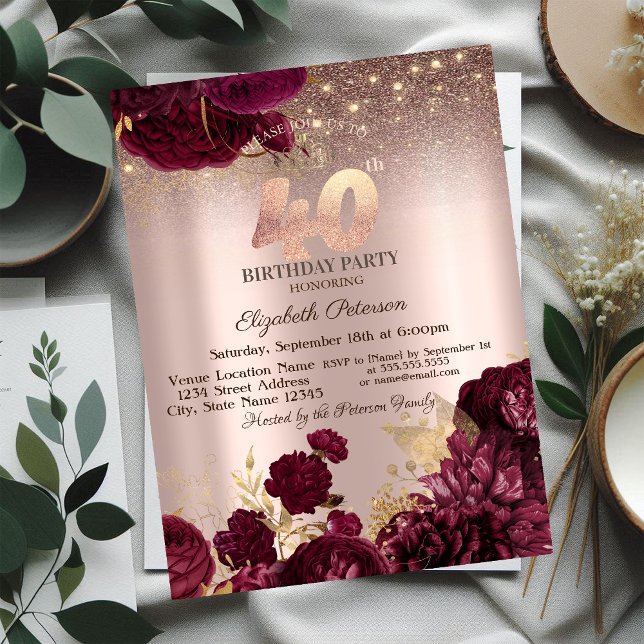 Convites Flores Borgonha Brilho Rosa Dourado Aniversário de (Criador carregado)