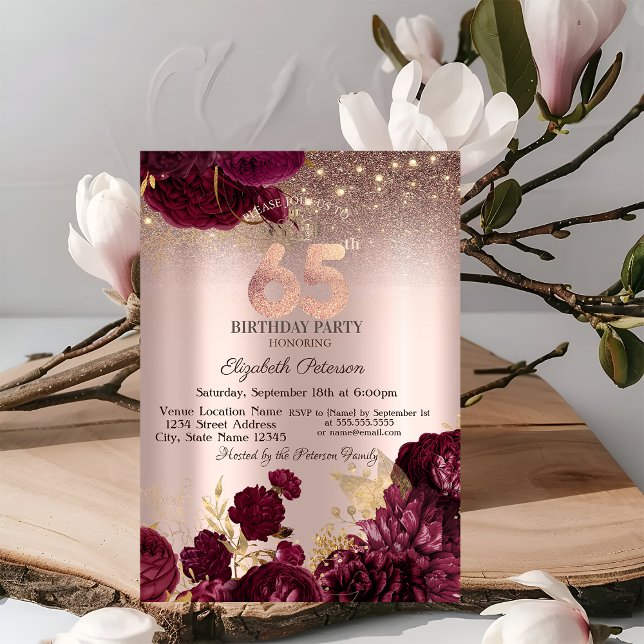 Convites Flores Borgonha Brilho Rosa Dourado Aniversário de (Criador carregado)