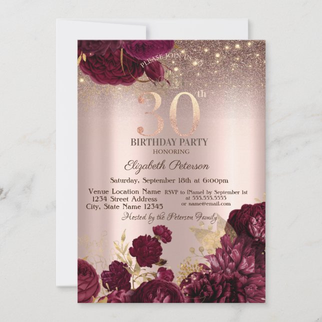 Convites Flores Borgonha Brilho Rosa Dourado Aniversário de (Frente)