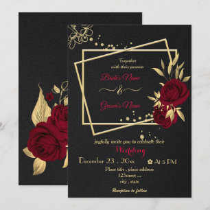 Convites flores borgonha dourado geométrico preto casamento