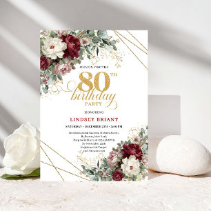 Convites Flores Borgonha Eucalipto Dourado 80º Aniversário