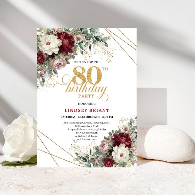 Convites Flores Borgonha Eucalipto Dourado 80º Aniversário (Burgundy Flowers Eucalyptus Gold 80th Birthday)