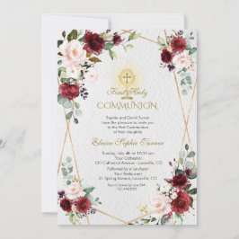 Convites Flores Borgonhetas Douradas Primeira Comunhão Sagr