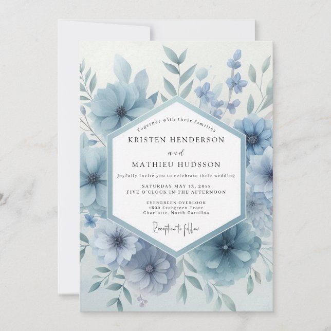 Convites Flores Botânicas Casamento em Azul Poeirento (Frente)