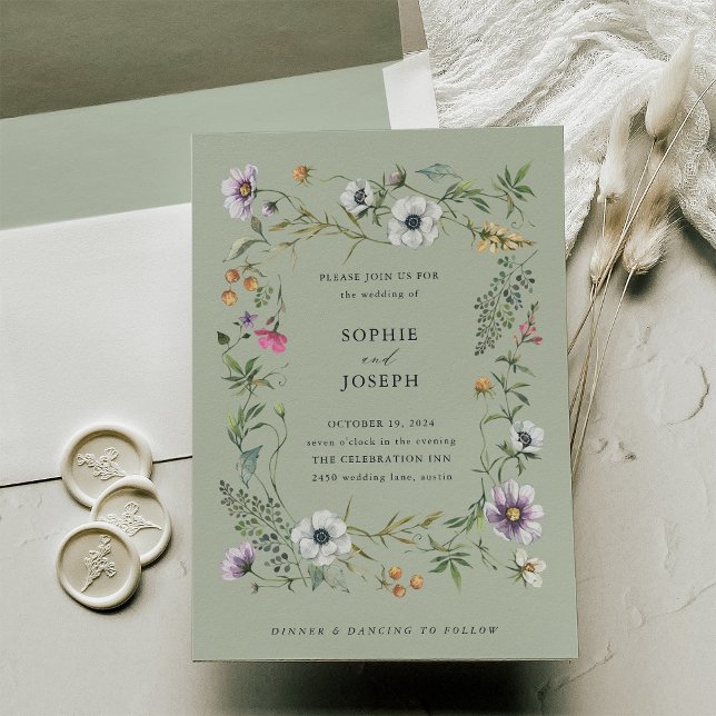 Convites Flores Botânicas | Casamento Verde Suave (A pretty, soft green wedding invitation with wildflowers)