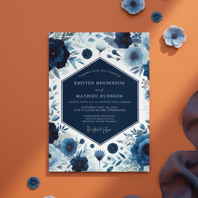 Convites Flores Botânicas Deep Blue para Casamento (Criador carregado)