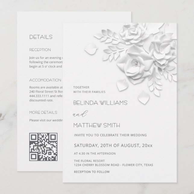Convites Flores Brancas 3D Casamento Tudo-Em-Um  (Frente/Verso)