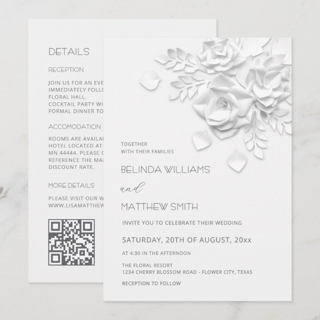 Convites Flores Brancas 3D Casamento Tudo-Em-Um  (Frente/Verso)