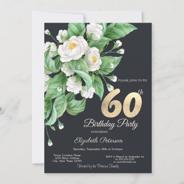 Convites Flores Brancas Aniversário de 60 anos  (Frente)