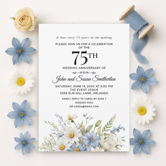 Convites Flores Brancas Azuis Elegantes 75 anos (Elegant dusty blue watercolor floral and white daisies 75th wedding anniversary invitation)