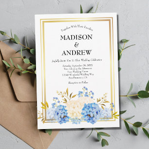 Convites Flores Brancas Azuis Quadro Dourado Casamento Eleg