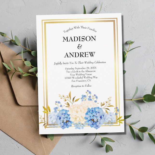 Convites Flores Brancas Azuis Quadro Dourado Casamento Eleg (Criador carregado)