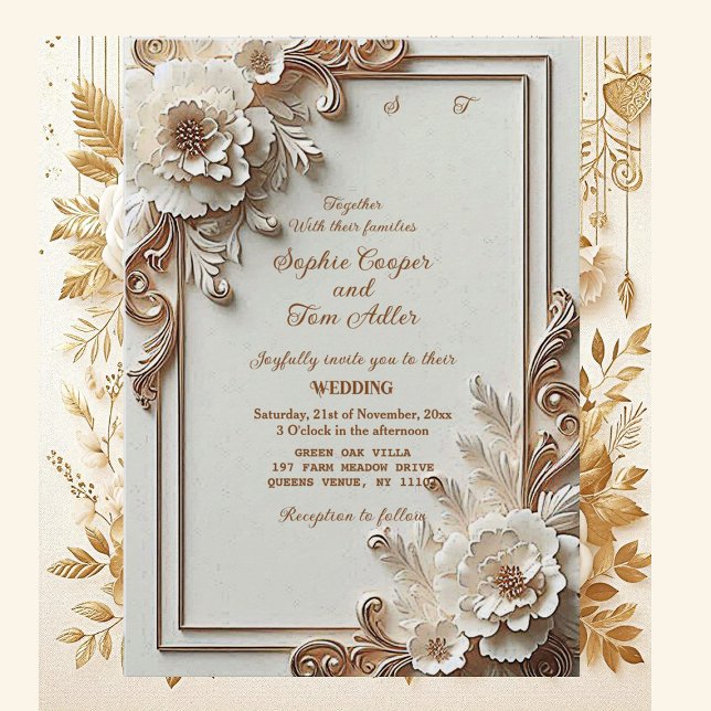 Convites Flores Brancas Barrocas Opulência Moldura Marfim D (Baroque White Flowers Opulence Ivory Gold Frame Invitation)