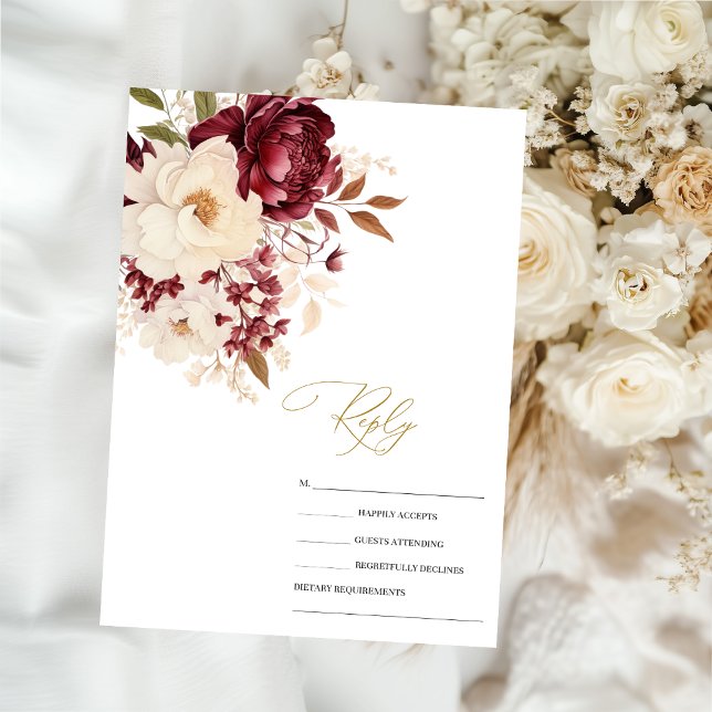 Convites Flores Brancas Burgundy Elegantes RSVP (Criador carregado)