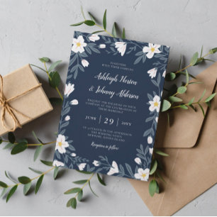 Convites Flores Brancas Casamento Floral Azul Escuro