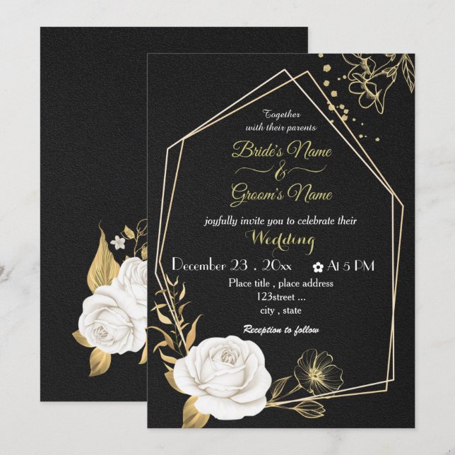 Convites flores brancas - casamento negro geométrico (Frente/Verso)