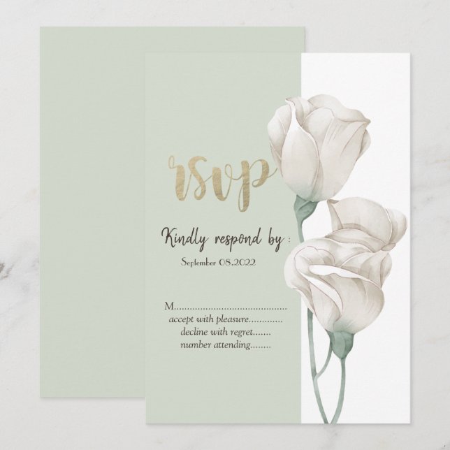 Convites Flores Brancas Chic Rosas RSVP  (Frente/Verso)