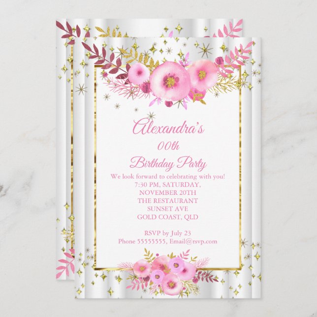 Convites Flores brancas cor-de-rosa claro, Dourada Festa de (Frente/Verso)