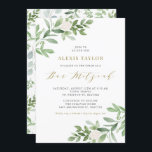 Convites Flores brancas de aquarela e Bar verde Mitzvah<br><div class="desc">Convide a família e os amigos com este convite verde e caprichoso. Este convite do bar mitzvah apresenta ilustrações em aquarela de folhagem verde e flores brancas e um padrão verde correspondente ao script dourado. Personalize adicionando nomes, data, hora, local e outros detalhes do evento. Este convite é perfeito para...</div>