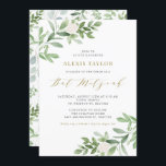 Convites Flores brancas de aquarela e Bat Mitzvah verde<br><div class="desc">Convide a família e os amigos com este convite verde e caprichoso. Este convite do bat mitzvah apresenta ilustrações em aquarela de folhagem verde e flores brancas e um padrão verde correspondente ao script em ouro. Personalize adicionando nomes, data, hora, local e outros detalhes do evento. Este convite é perfeito...</div>