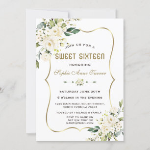 Convites Flores brancas de aquarela Frame Dourado Sweet 16