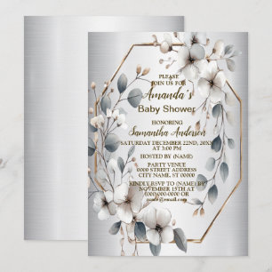 Convites Flores brancas de aquarela Ouro Frame Silver Teal