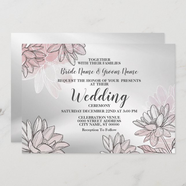 Convites Flores Brancas de Casamento Silver Watercolor (Frente/Verso)
