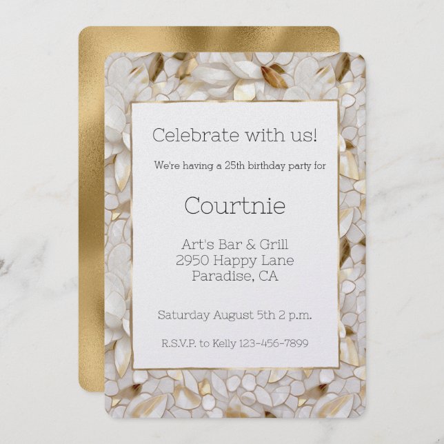 Convites Flores Brancas de Lotus Brancos com Glam Dourada C (Frente/Verso)