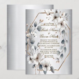 Convites Flores Brancas de Quadro de Ouro de Casamento Aqua