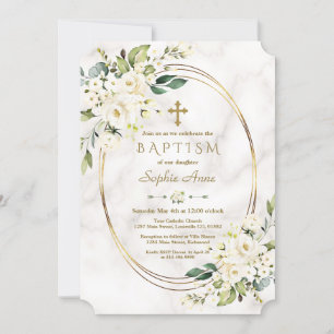 Convites Flores Brancas do Luxo Batismo Dourado Marble