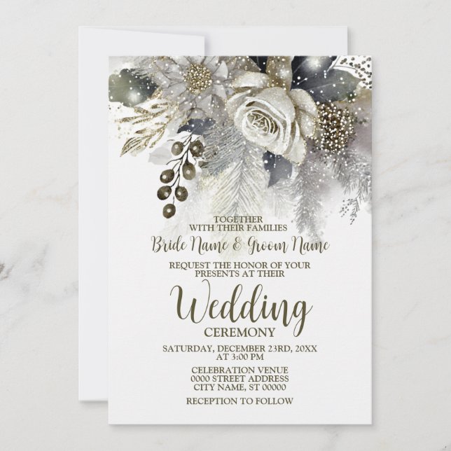 Convites Flores brancas do Ouro de prata festa de casamento (Frente)