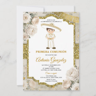 Convites Flores Brancas Douradas Cute Boy Primera Comunhão