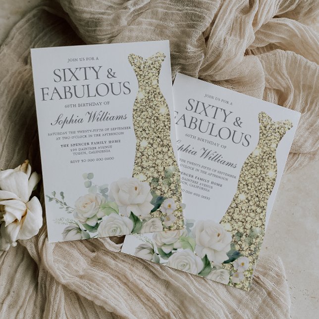 Convites Flores Brancas Douradas, Elegante 60º Aniversário (Criador carregado)