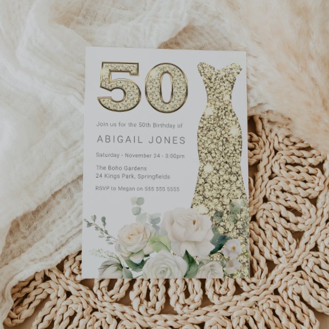 Convites Flores Brancas Douradas, Elegantes 50º Aniversário (Criador carregado)