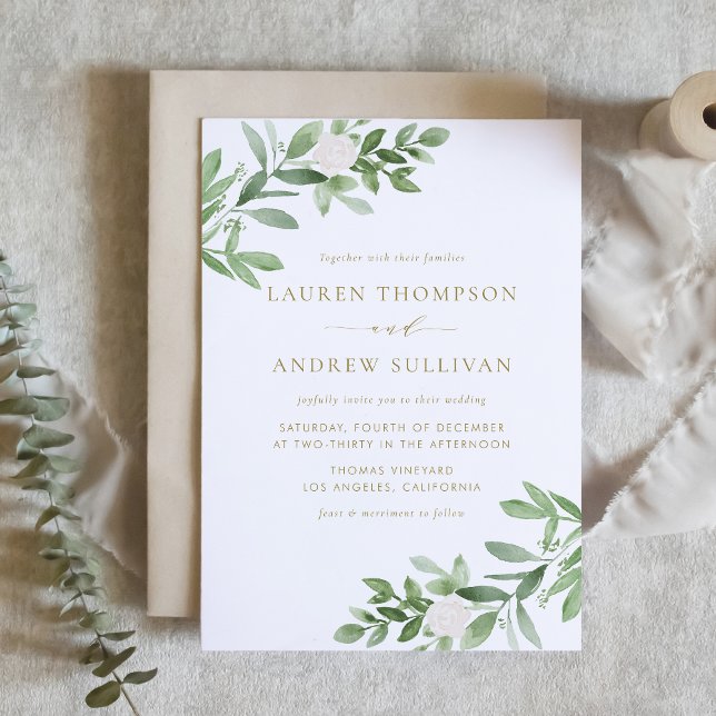 Convites Flores Brancas e Casamento Dourado Verde (Watercolor White Flowers and Greenery Gold Wedding Invitation)