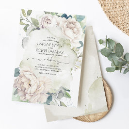 Convites Flores brancas e Casamento vintage elegante verde