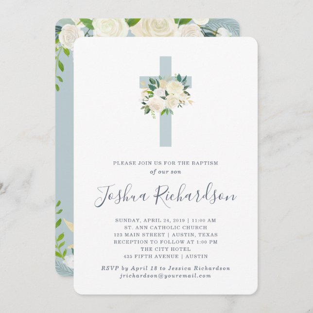 Convites Flores brancas e cruzes azuis| Batismo (Frente/Verso)