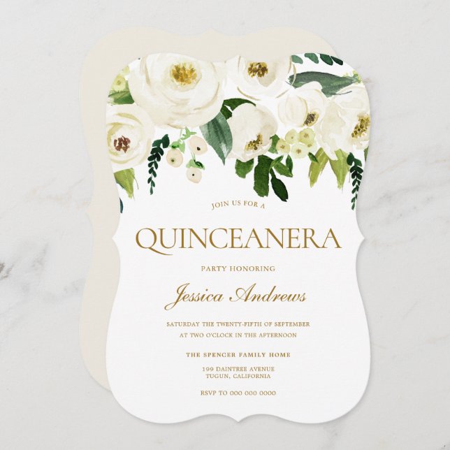 Convites Flores Brancas e Festa de Creme Quinceanera (Frente/Verso)