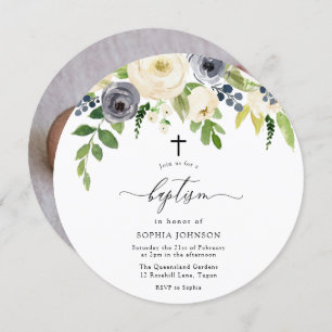 Convites Flores Brancas e Marinhos Flores Bebê Batismo Foto