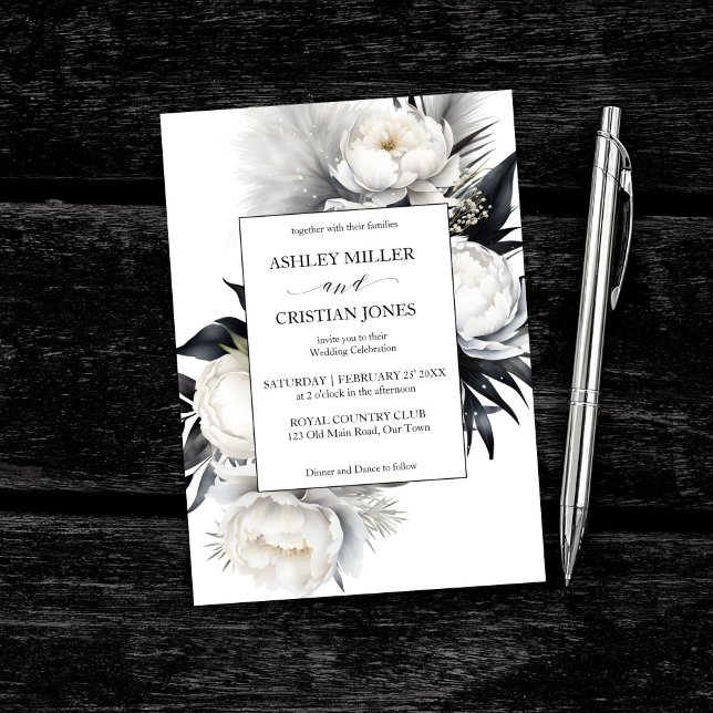 Convites Flores brancas e negras, casamento elegante (Black and white elegant boho flowers elegant wedding editable template invitation digital download)
