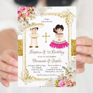 Convites Flores Brancas e Rosa Baptism Fiesta Twin