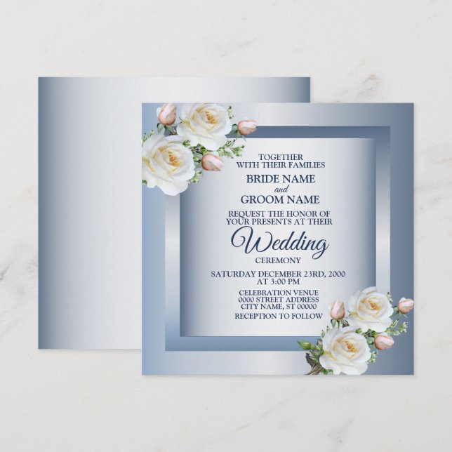 Convites Flores Brancas Elegantes Casamento Azul Cinza (Frente/Verso)