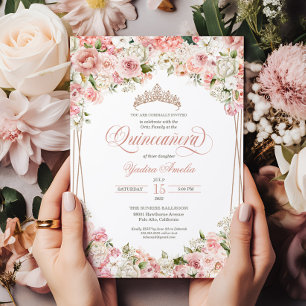 Convites Flores Brancas Escamosas Rosa Elegante Quinceañera