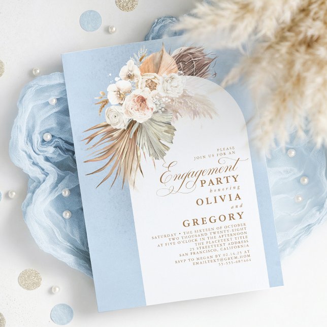 Convites Flores brancas Festa de noivado de Boho de Grama P (Dusty Blue Chic Elegant Exotic Boho Engagement Party Invitations)