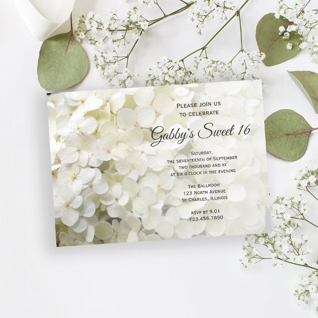 Convites Flores Brancas Hydrangea Doce 16 Festa de aniversá (Criador carregado)
