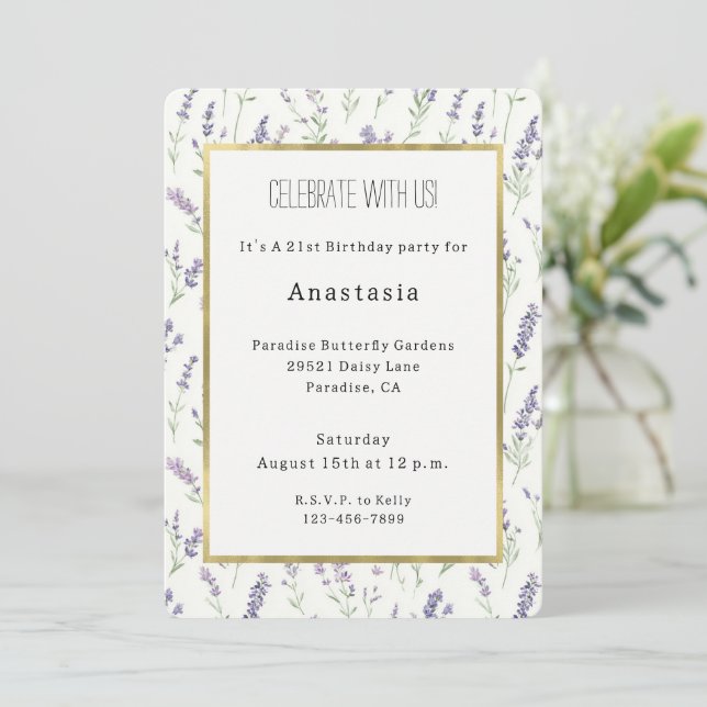 Convites Flores Brancas Lavanda Bonitas de Aniversário (Em pé/Frente)