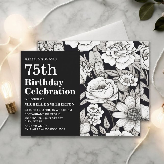 Convites Flores Brancas Negras 75º Aniversário feminino (Black and white 75th birthday party invitation)