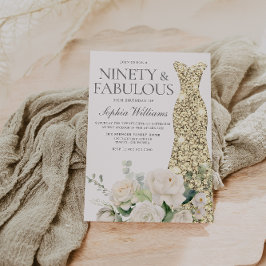 Convites Flores Brancas Ouro, Elegante 90º Aniversário