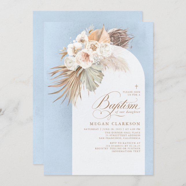 Convites Flores brancas Pampas Grass Boho Blue Baptism (Frente/Verso)