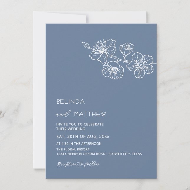Convites Flores Brancas Poeira Azul Casamento Casual (Frente)